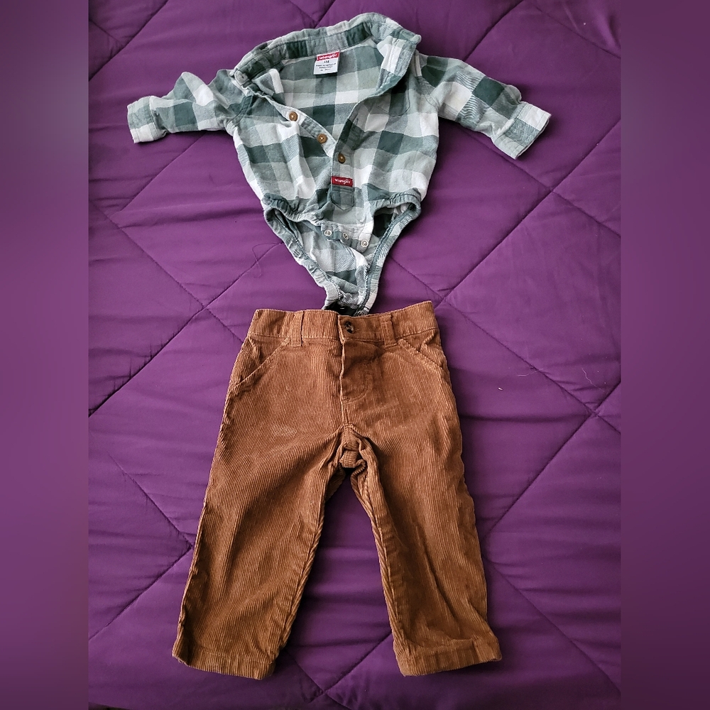 Green Plaid Bodysuit and Brown Corduroy Pants Set